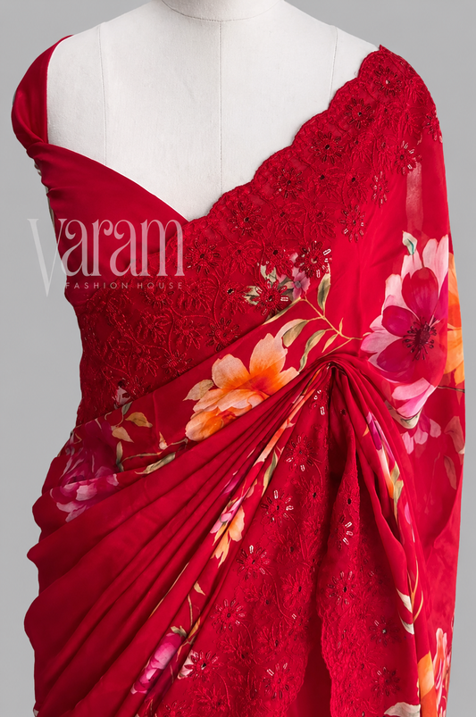 Pure Chinnon Saree with Large Floral Print & Scalloped Thread Embroidery Border