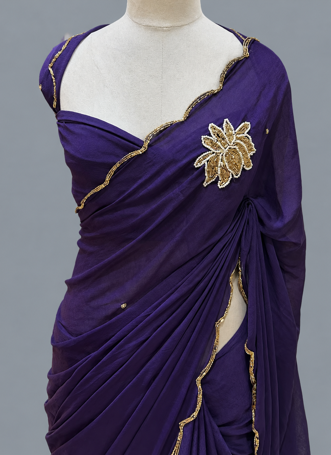 Crush Chiffon Saree with Lotus Bead Motif & Scalloped Gold Border