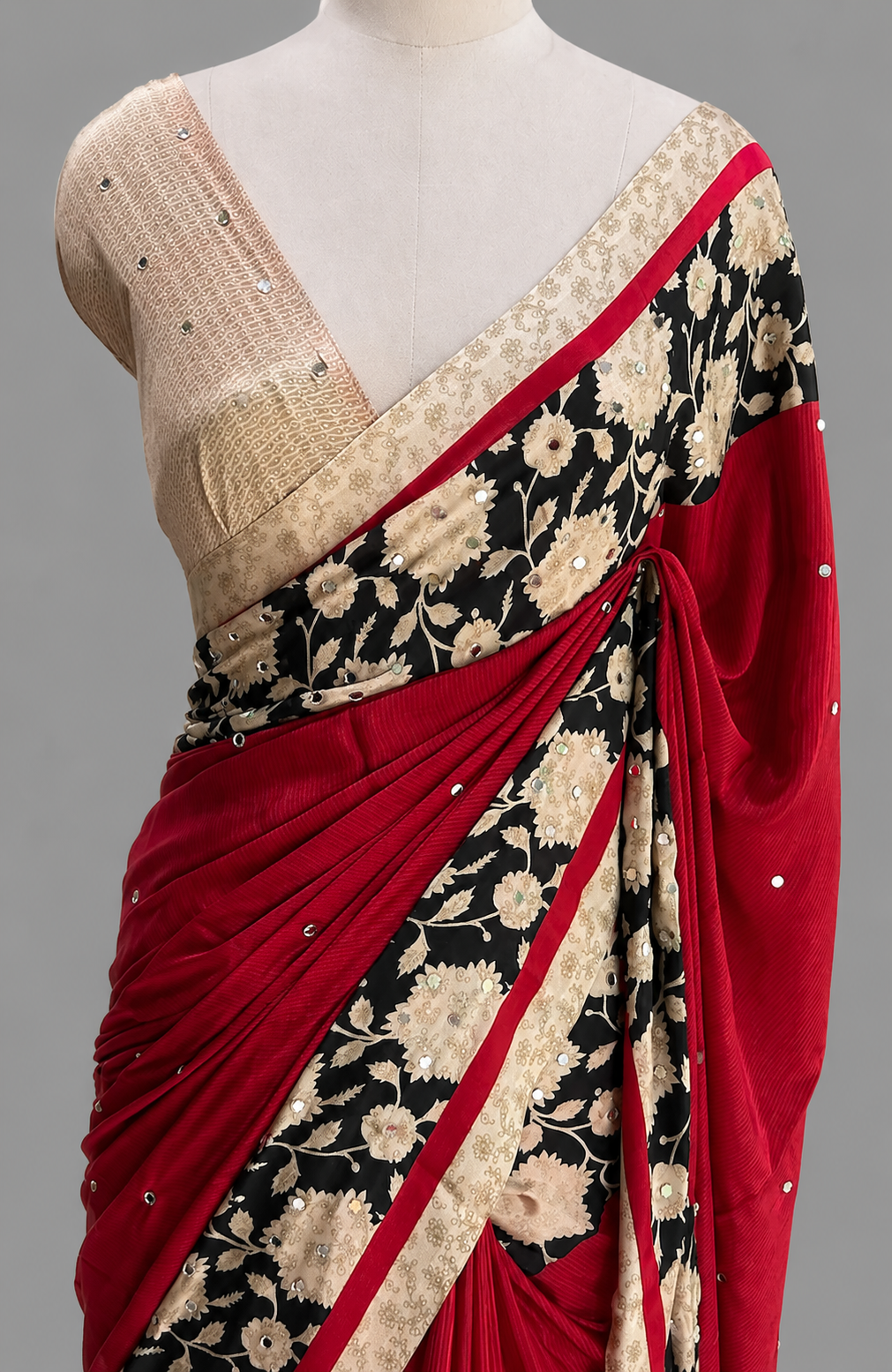 Binny Crepe Saree | Bold Floral Print Border & Real Mirror Work
