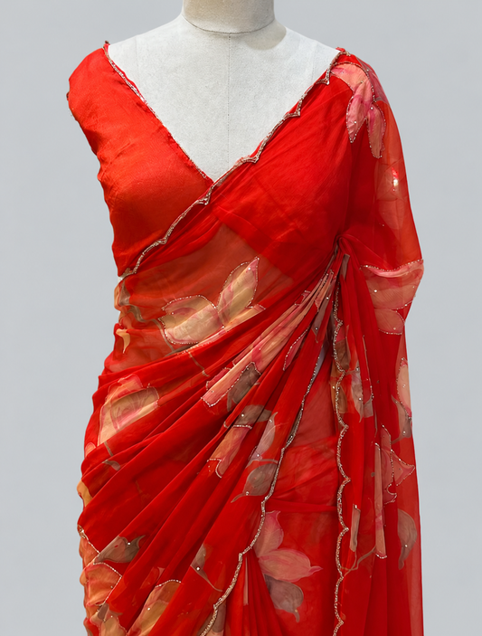 Chiffon with Cut Dana Work & Digital Floral Motifs