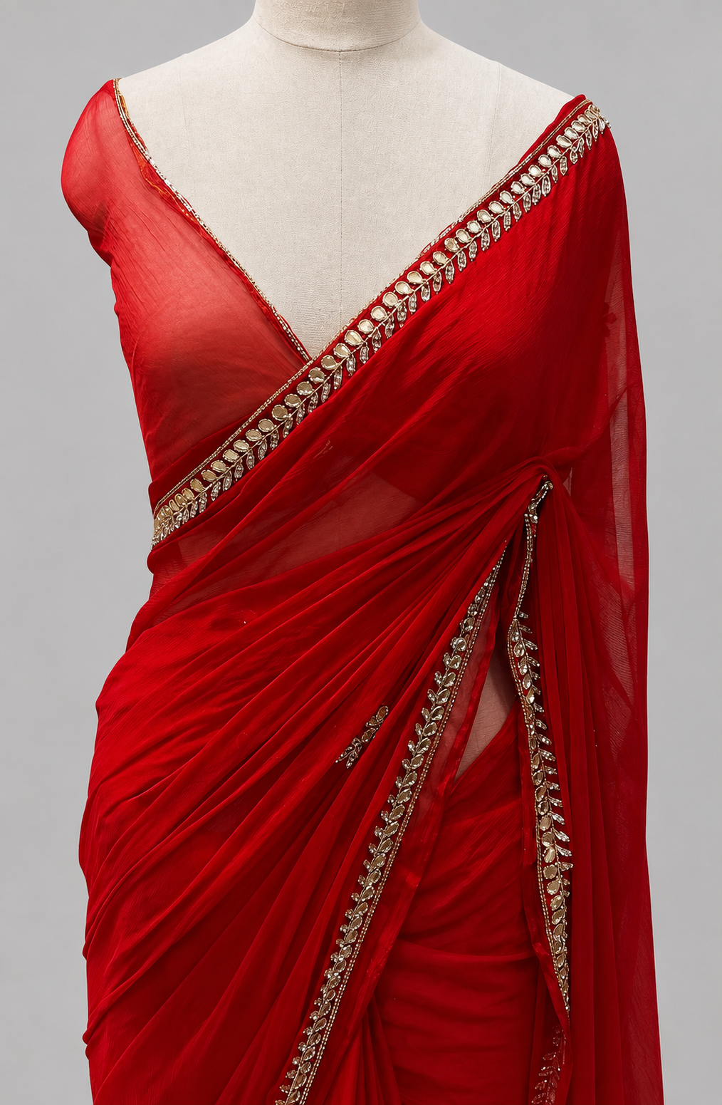 Chiffon Saree with Leaf-Motif Gota Patthi & Stone Border