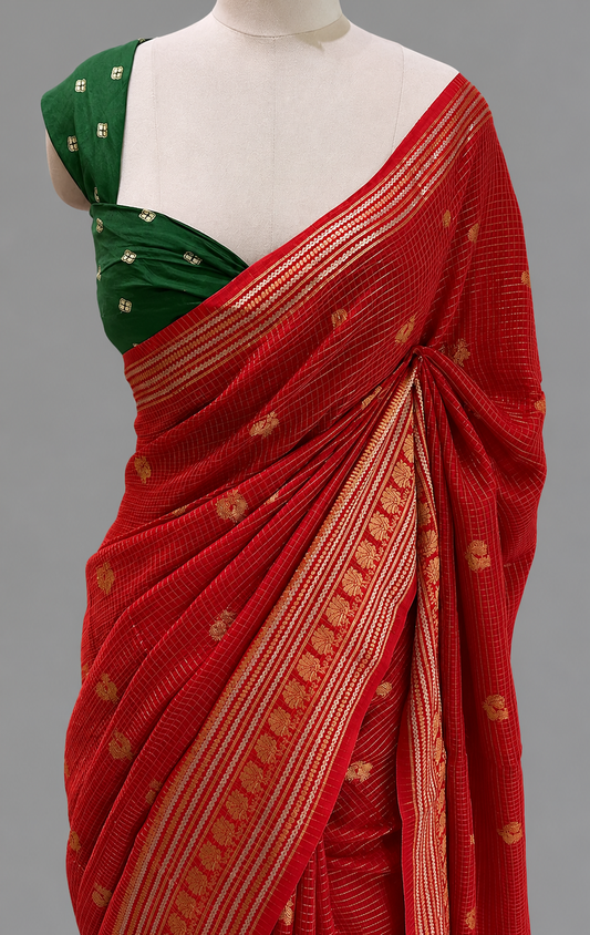 Assam Silk Vintage Checks & Peacock Butti Saree with Zari Border