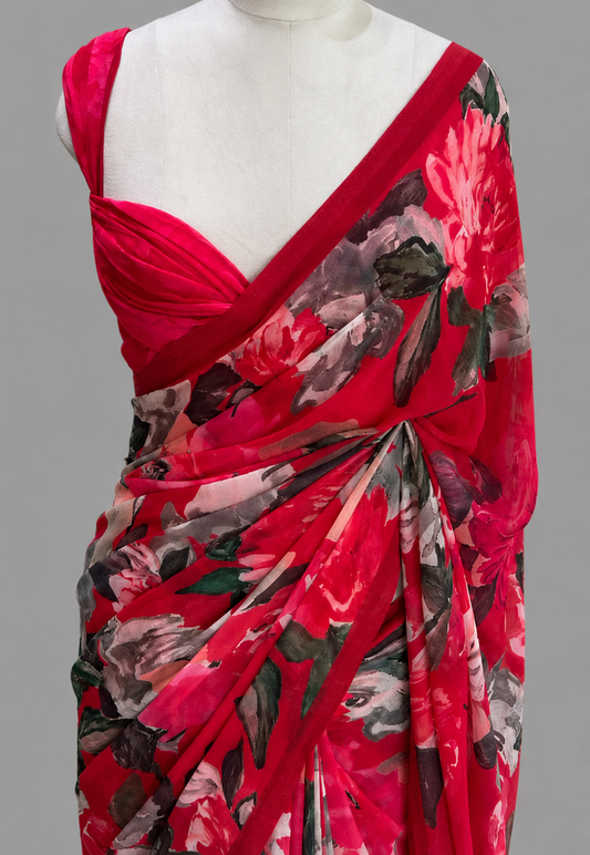 Georgette Saree with Bold Large-Scale Peony Floral Digital Print