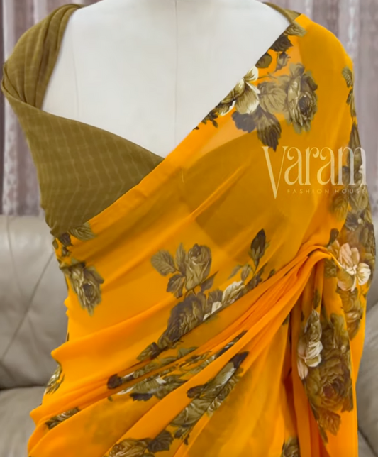 Timeless Florals – Premium Georgette Saree in Digital Prints with Contrast Finish
