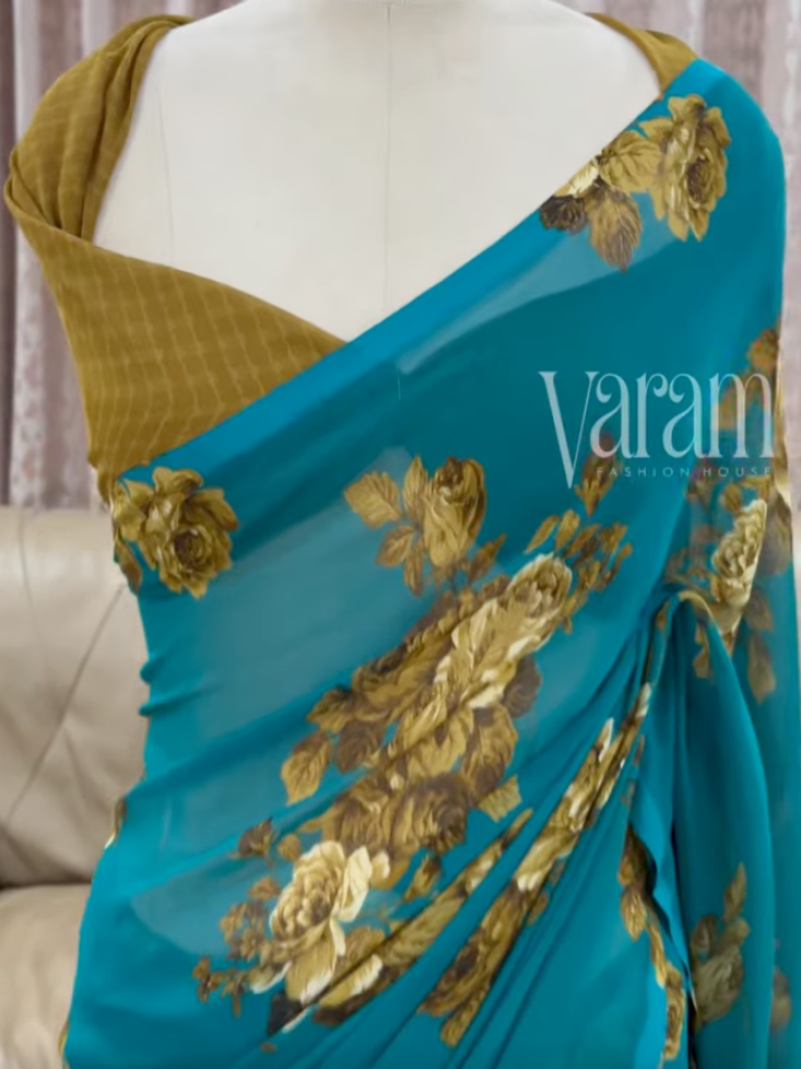 Timeless Florals – Premium Georgette Saree in Digital Prints with Contrast Finish