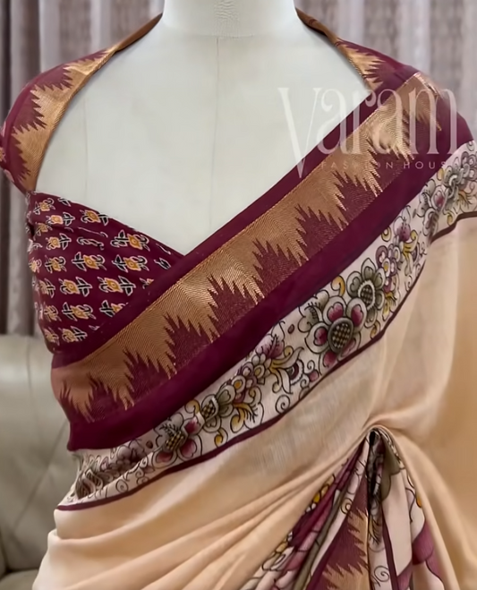 Elegant Muga Silk Saree with Pichwai Digital Art