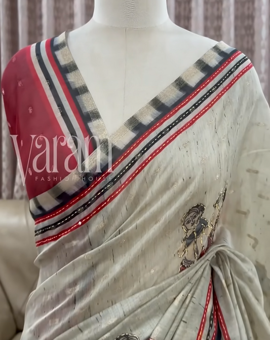 Chanderi Silk Saree with Digital Prints & Hand Kantha Embroidery