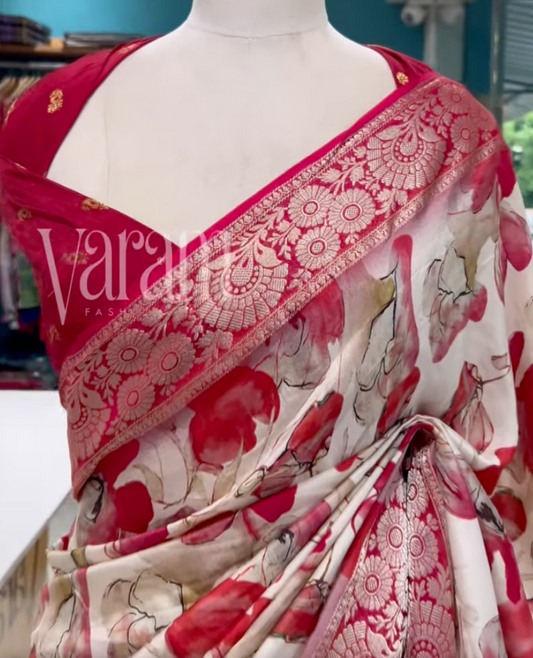 Luxe Dola Crepe Saree in Bloom Print & Golden Zari