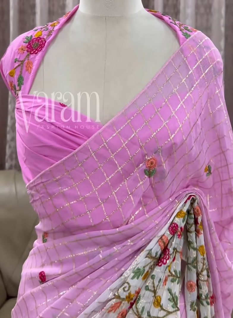 Artisan Floral Dream Saree: Woven Zari Check Georgette Ensemble