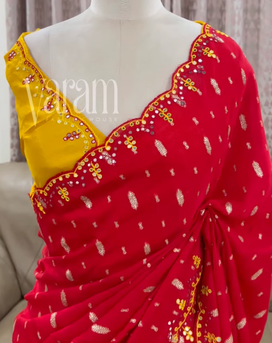 The Radiant Scallop Saree: Premium Chinon with Mirror-Work Artistry