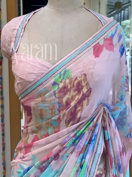 The Watercolor Botanical Saree: Premium Georgette with Intricate Beaded Border