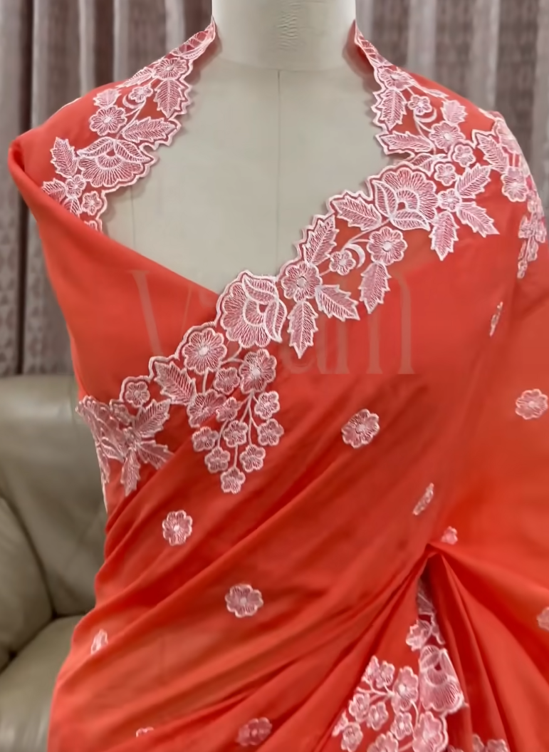 Orange Color Beautiful Scallop Work - Italian Georgette Saree