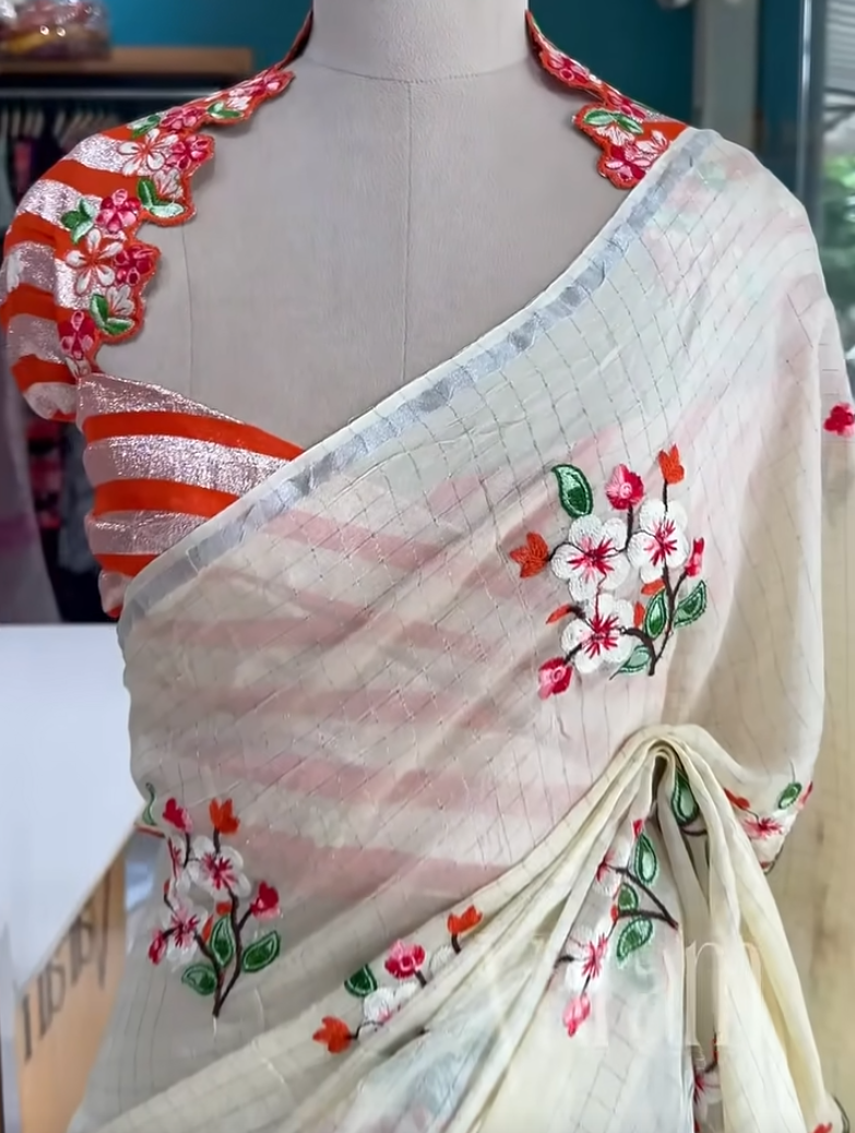 Pastel Georgette Saree with Floral Thread Embroidery