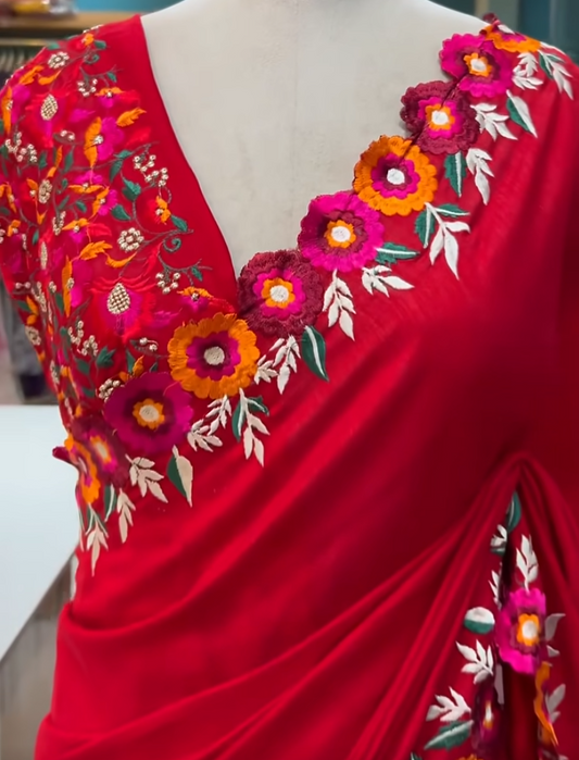 Vibrant Vichitra Silk Saree with Thread Work Border & Blouse