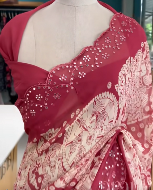 Pure Georgette Elegance with Digital Kalamkari & Mirror Scallop Detailing