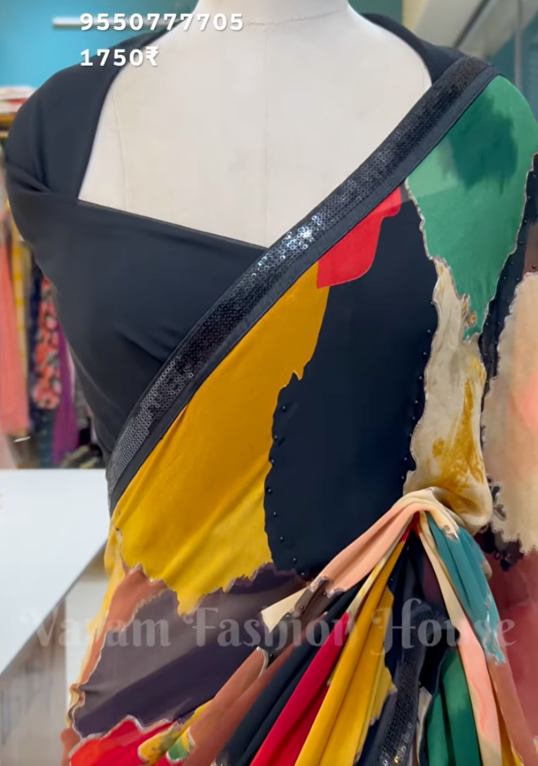 Radiant Multicolor Georgette Saree with Elegant Lace Detailing
