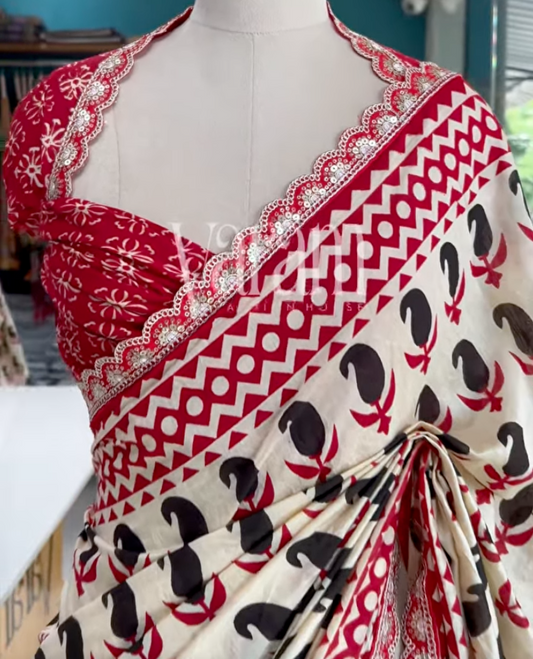 Soft Mul Cotton Saree with Elegant Lace and Hand Block Prints