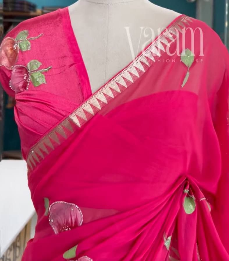 Hand-Painted Charm – Premium Chiffon Saree with Sugar Bead Highlights