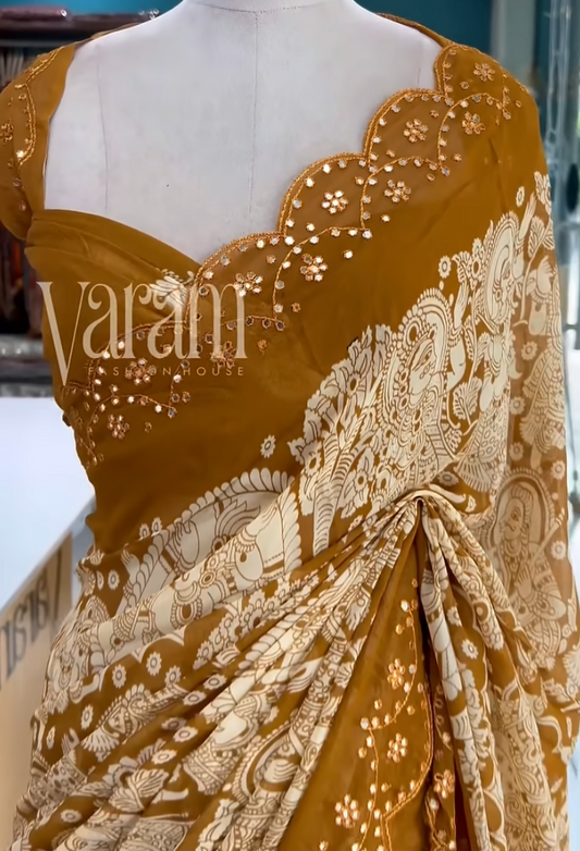 Pure Georgette Elegance with Digital Kalamkari & Mirror Scallop Detailing