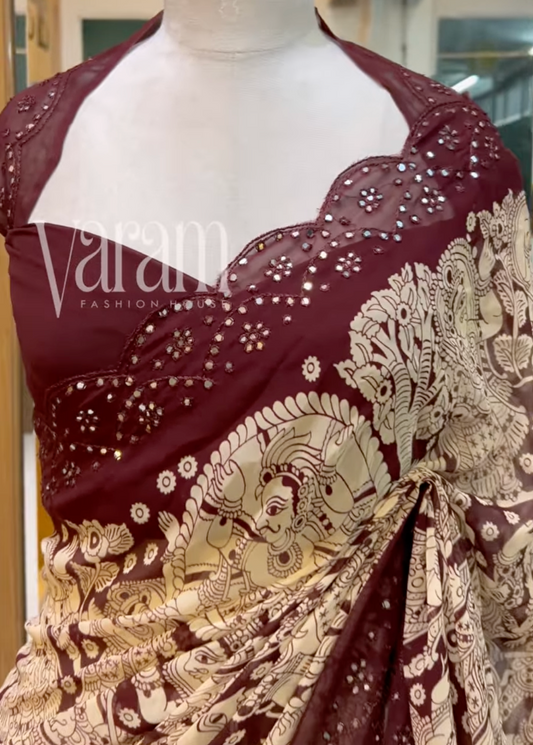 Pure Georgette Elegance with Digital Kalamkari & Mirror Scallop Detailing