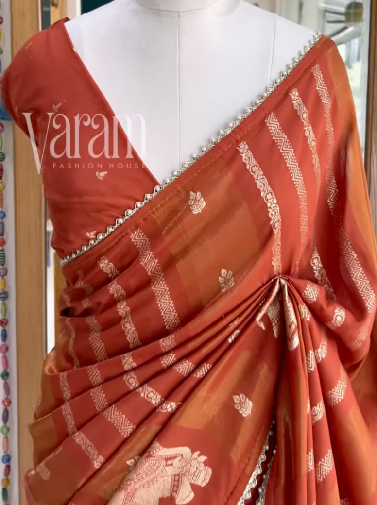 Viscose Georgette Saree with Elephant Motifs & Lace Border