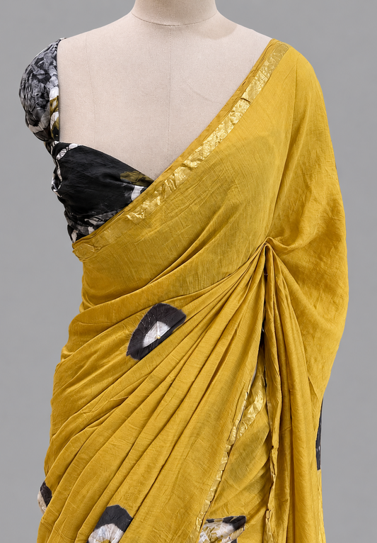 Chanderi Cotton Silk Shibori Saree with Mirror Work & Copper Border