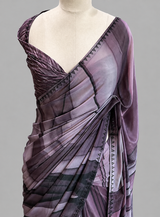 Shimmer Satin Saree with Abstract Gradient Digital Print and Black Triangle Sequin Border