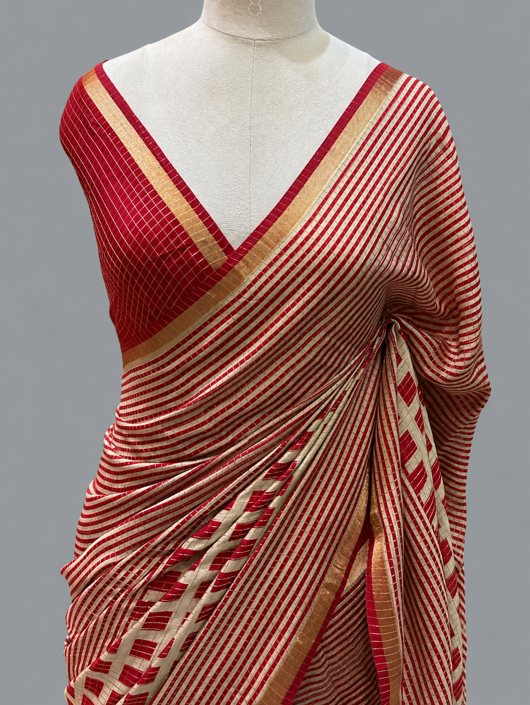 Maheshwari Silk Saree with Zari Checks & Striped Weave Border
