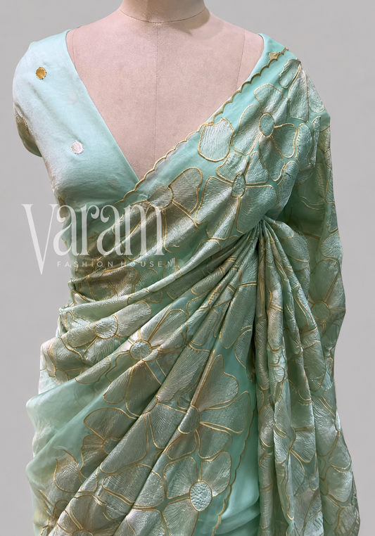 Super Net Saree with Large-Scale Floral Thread Work & Scalloped Border
