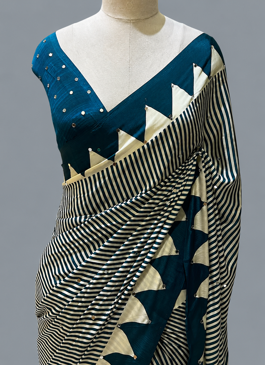 Optical Edge: Binny Crepe with Mirror Work & Geometric Triangle Border
