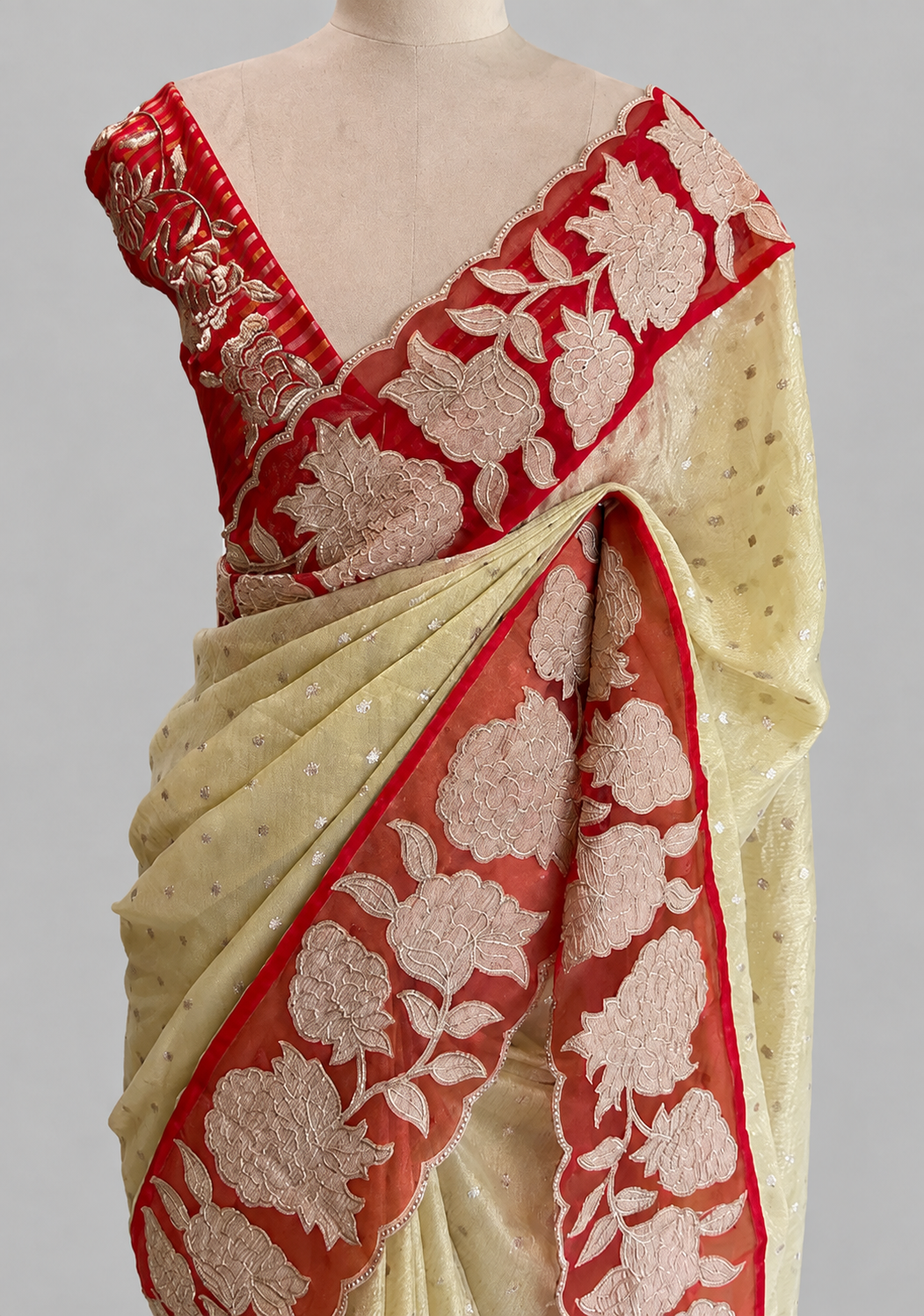 Tissue Applique Saree with Large-Scale Peony Border & Scalloped Edge