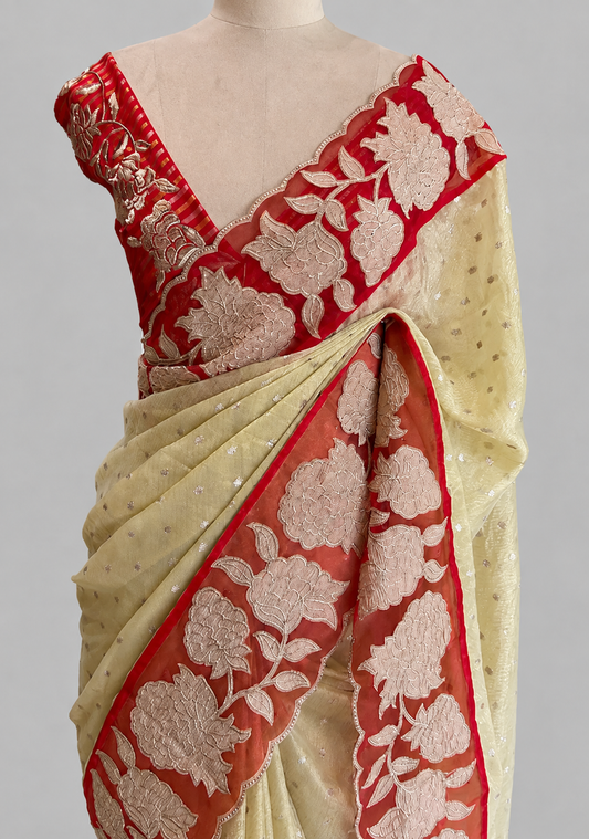 Tissue Applique Saree with Large-Scale Peony Border & Scalloped Edge