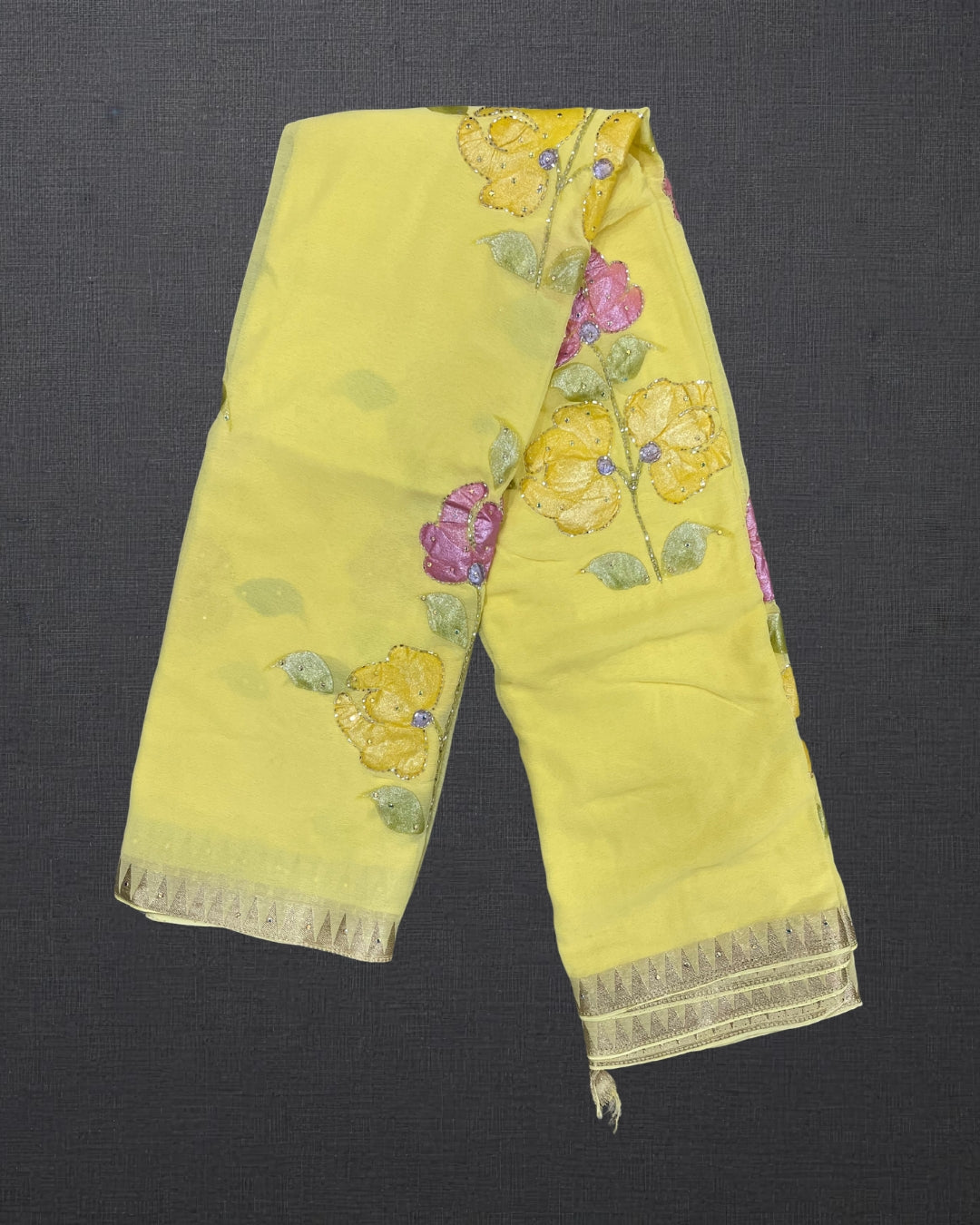 Hand-Painted Charm – Premium Chiffon Saree with Sugar Bead Highlights