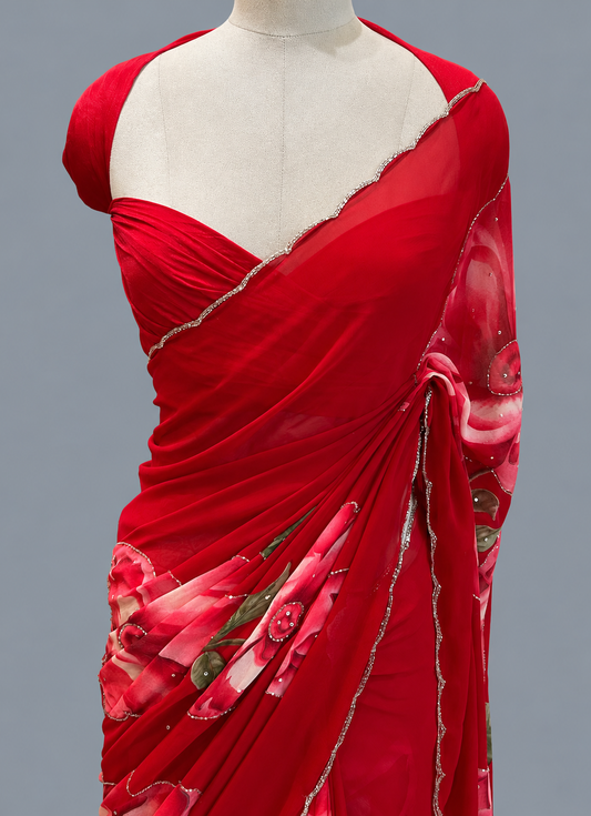 Georgette Saree with Bold Rose Print, Cut Dana & Scallop Border
