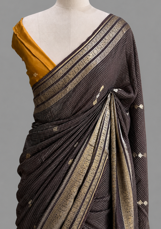 Dola Silk Vintage Checks Saree with Zari Border & Contrast Blouse