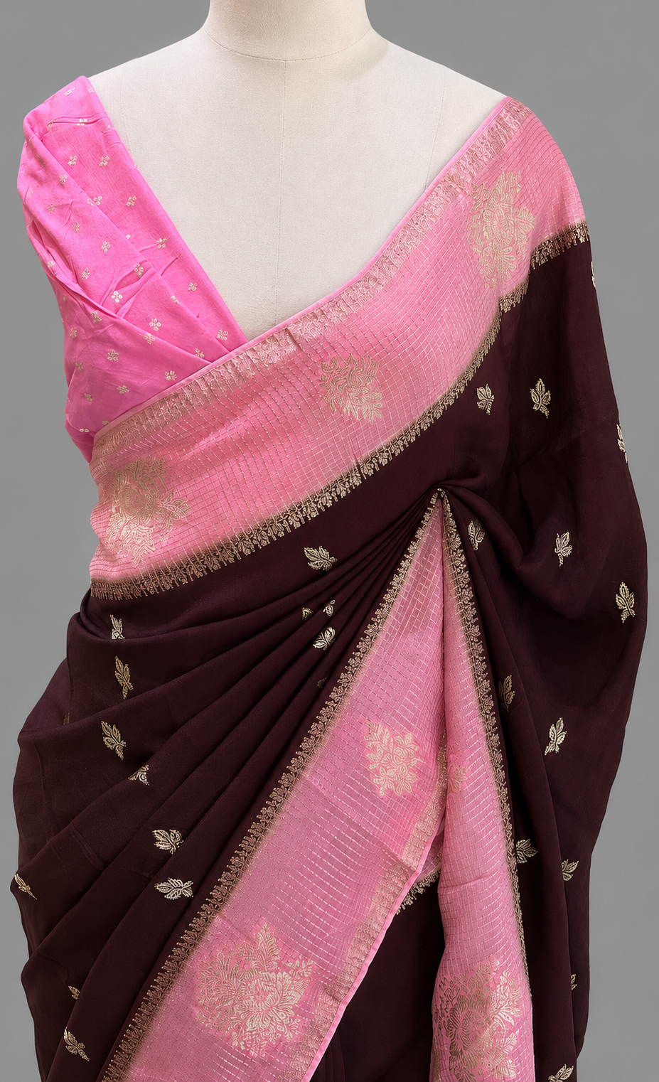 Viscose Dola Silk Saree with Zari Leaf Butis & Checkered Border