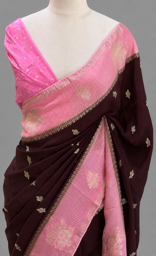 Viscose Dola Silk Saree with Zari Leaf Butis & Checkered Border
