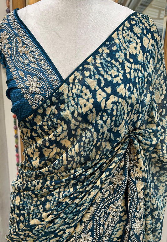 Premium Chiffon Batik Print Saree with Thread Embroidered Border