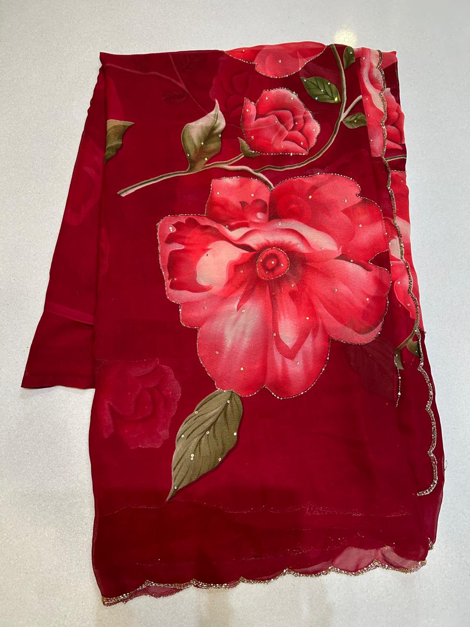 Georgette Saree with Bold Rose Print, Cut Dana & Scallop Border