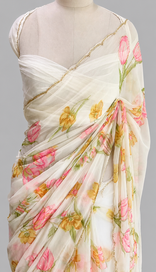 Radiant Flora Chiffon Saree: Meticulous Cut Dana Artistry with Scalloped Edge