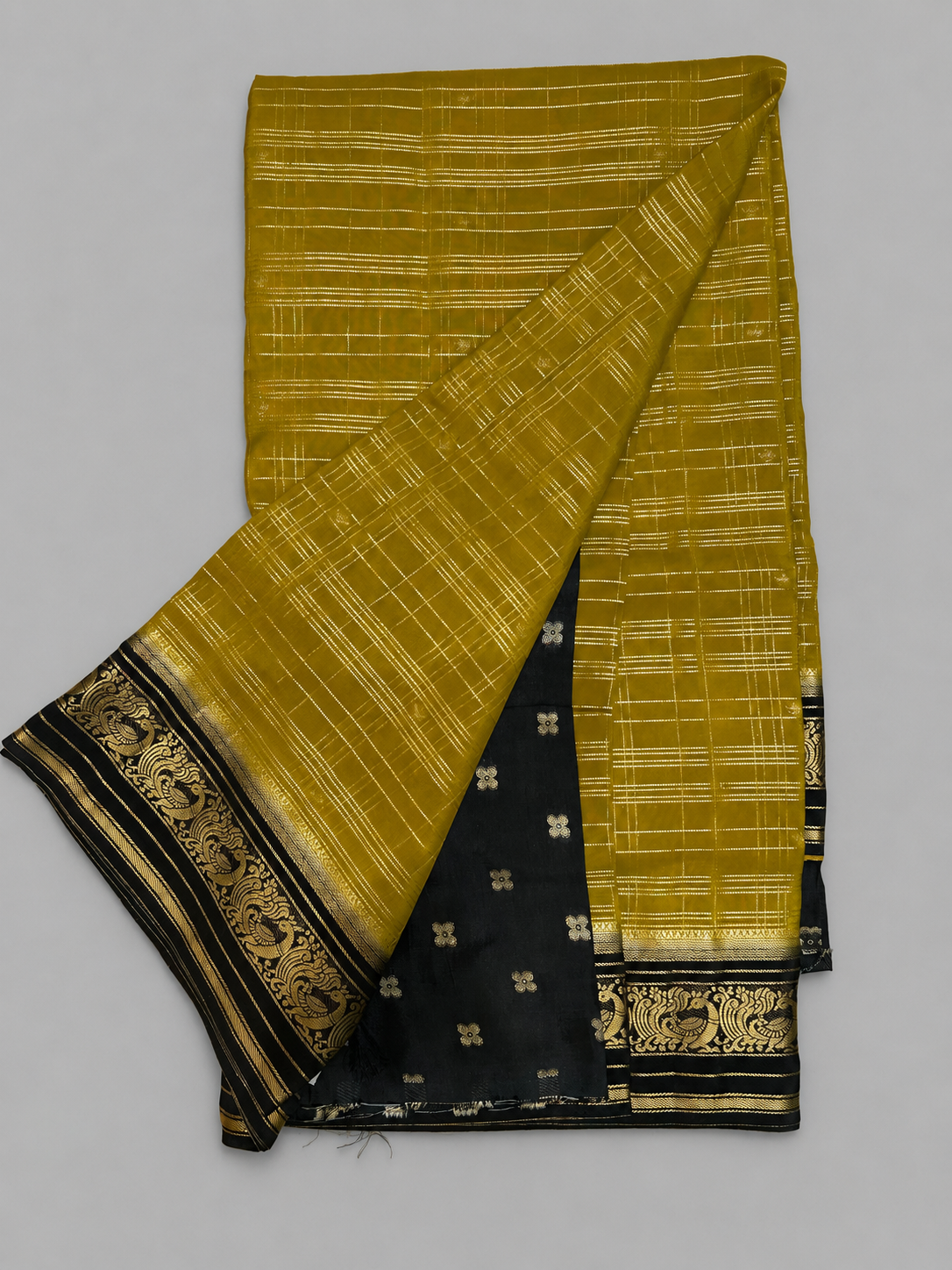 Dola Silk Saree with Zari Checks & Scrollwork Zari Border
