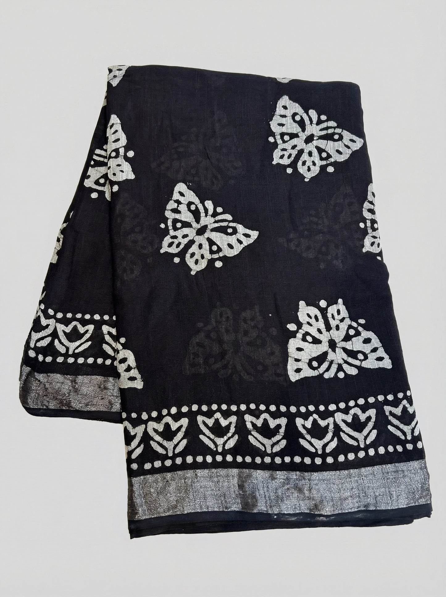Batik Bloom: Bhagalpuri Linen Saree with Floral Batik Border