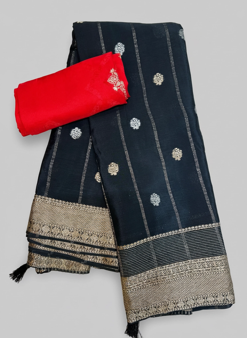 Silver Buti Trail: Premium Chinnon Silk Saree with Zari Buti Motifs & Broad Silver Border