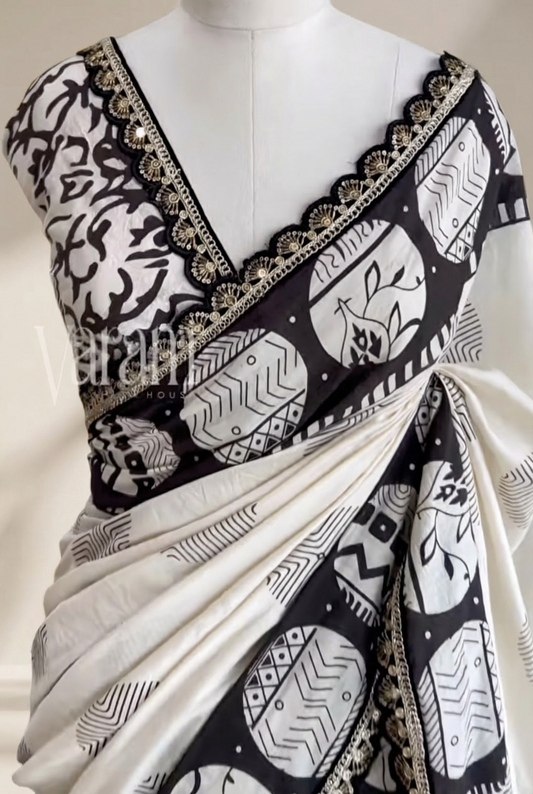 Mul Cotton Saree with Block-Print Oval Motifs & Scallop Lace Border | Everyday Elegance