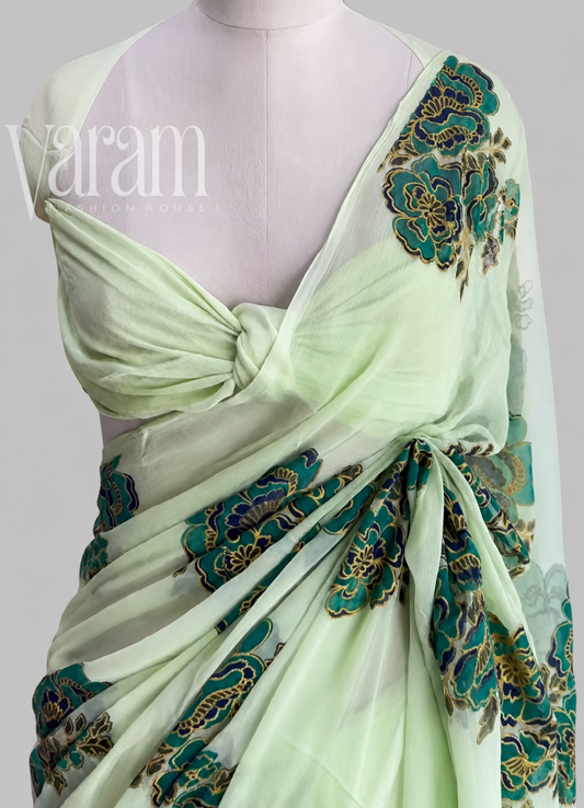 Handblock Floral Print Chiffon Saree for Festive Occasions