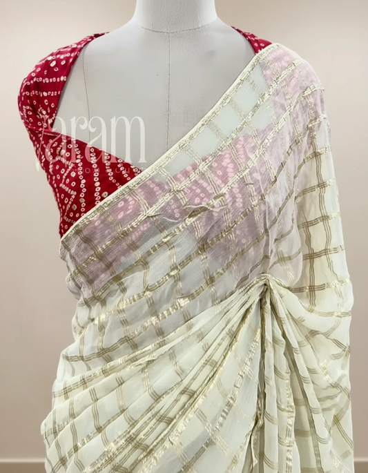 Shimmering Geometric Grace Saree with Vibrant Bandhej Accents