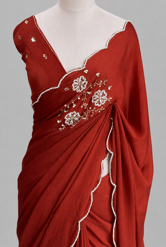 Crush Chiffon Saree with Floral Thread Embroidery & Scalloped Border