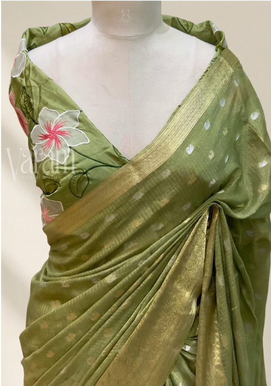 Bloom & Zari: Pure Chinnon Zari Lines Saree with Floral Applique Blouse | Festive