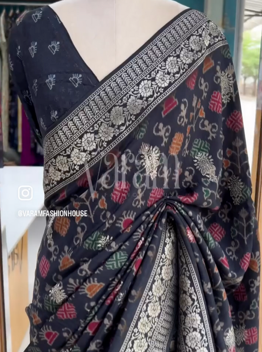 Black Ikkat - Muga Crepe Saree