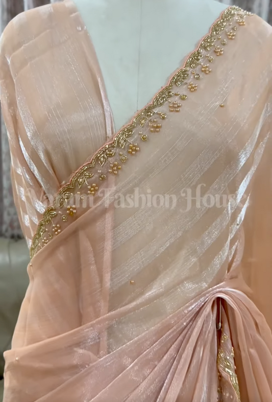 Peach Shimmer Chiffon Saree with Beaded Border